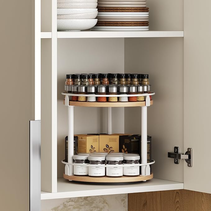YATINEY Lazy Susan Organizer, Rotating Spice Rack, 2 Tier Spice Turntable Organizer, Industrial Turntable Spice Holder, for Kitchen Countertop, Compact and Versatile, White and Natural SR22WN