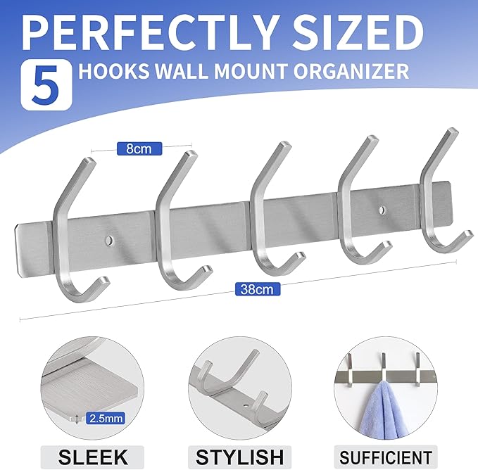 GlazieVault Coat Rack Wall Mount - Stainless Steel (2 Pack) - Heavy Duty Hooks for Hat, Towel, Robes, Jacket, Clothes - Bathroom, Entryway Hanger