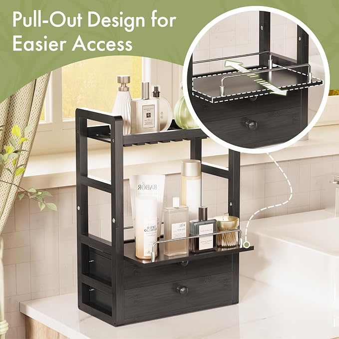 AmazerBath Bamboo Bathroom Counter Organizer, 2-Tier Makeup Organizer with 2 Drawers, Vanity Organizer Storage Coffee Matcha Station, Compact Shelf for Bathroom Kitchen Office Countertop, Black