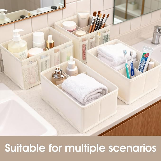 Cosmetic Storage Bins Makeup Organizer, Adjustable Multifunction Storage Box Desk Drawer Divider for Makeup Brushes, Bathroom Countertop or Dresser, Set of 4