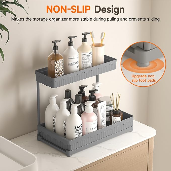 Sevenblue 3-Pack 2-Tier L-Shaped Under Sink Organizers with Sliding Drawers | Multi-use kitchen & bathroom storage, 12.85 inch grey cabinet organizer, space-saving sliding drawer design.
