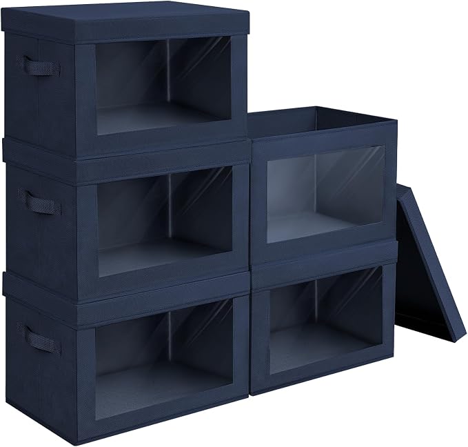 Homsorout Stackable Storage Bins with Lids - Medium Storage Box with Lids, Foldable Closet Boxes for Organizing, Wardrobe Clothes Organizer with Window, Cubes Bins for Living Room, 5 Pack, Navy Blue
