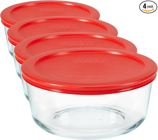 Pyrex Simply Store Glass Food Storage Container, Snug Fit Non-Toxic Plastic BPA-Free Lids, Freezer Dishwasher Microwave Safe, 4 Cup (Pack of 4)