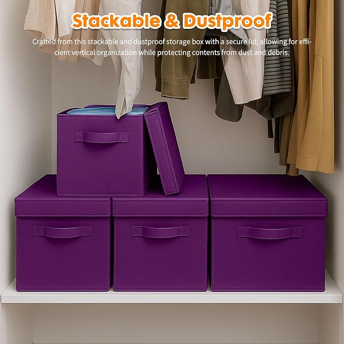 ShellKingdom Storage Bins, Foldable Fabric Storage Cube with Lid for Closet | Clothes Storage Organizer Drawer For Closet Toys Storage, 13 X 13 X 13 INCH, 2 Pack (Purple)