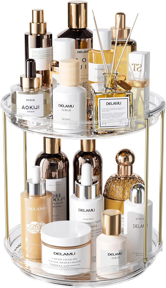 Delamu Rotating Makeup Organizer for Vanity, 2 Tier Bathroom Counter Organizer with Stackable Design, Spinning Skincare Organizer for Bathroom Countertop, Perfume Cosmetic Storage, Clear