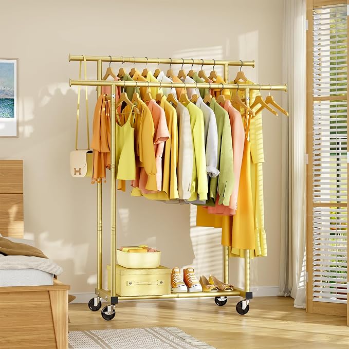 HYSEYY Double Rods Clothes Rack, Sturdy Rolling Clothing Rack, Portable Clothing Racks for Hanging Clothes - Metal Garment Rack Wardrobe Coat Rack for Bedroom Laundry Living Room, Light Gold