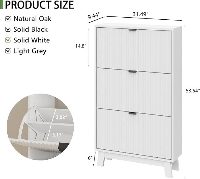 Xixini Shoe Cabinet with 3 Flip Drawers, 54" Tall Narrow Fluted Shoe Storage Organizer for Entryway, Hidden Slim Wooden Shoe Rack Cabinet for Front Door Entrance, Hallway, Living Room, Solid White