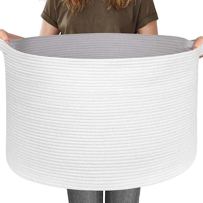 115L White Cotton Rope Storage Basket, 23.6"x15.7" Extra Large Blanket Storage Living Room, XXXL Soft Toy Bin for Organizing, Woven Baby Laundry Basket with Handle, Wicker Hamper Nursery