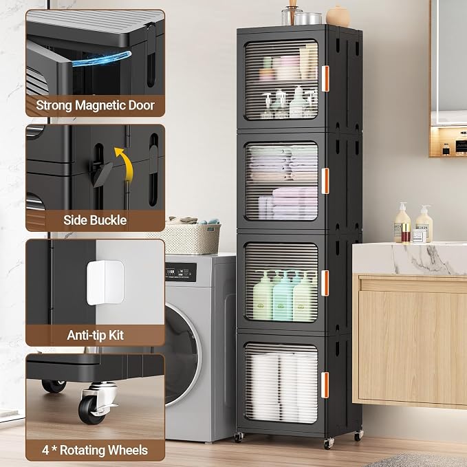 BROVIEW 3-Tier Tall Narrow Storage Cabinet 14.6” Wide, Slim Bathroom Cabinets with Adjustable Shelves and Doors, Plastic Kitchen Pantry Organizers and Storages for Small Space, Laundry, Black