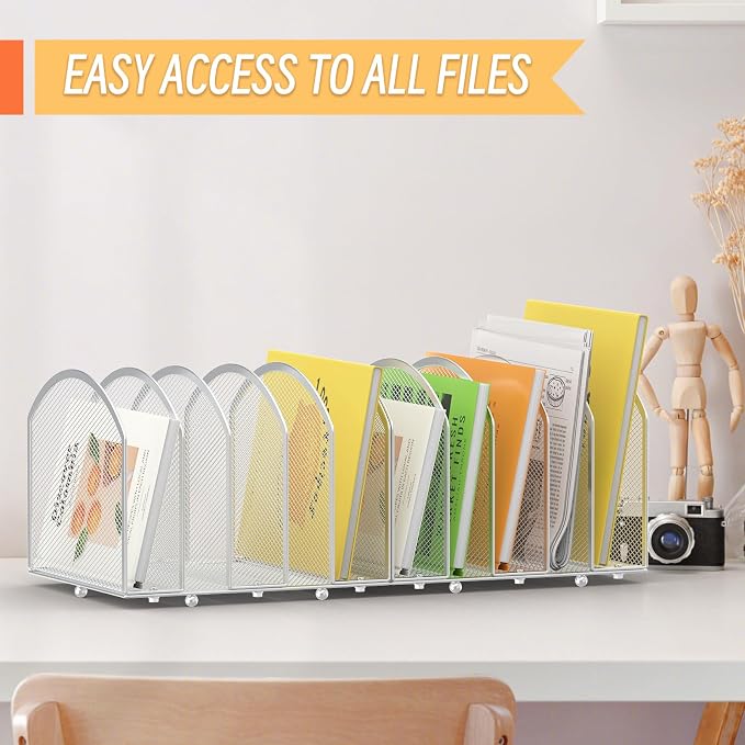 MINDEPOT Desk File Organizer 5 Sections Desktop Organizer File Sorter Office Organization File Folder Holder for Office School & Classroom (Silver, 5 Section - 1Pack)