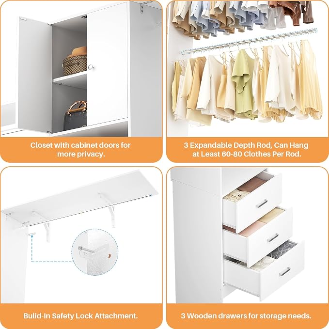 120 Inches Closet System With Doors, 10FT Walk In Closet Organizer with 3 Shelving Towers, Heavy Duty Clothes Rack with 3 Drawers, Built-In Garment Rack, White