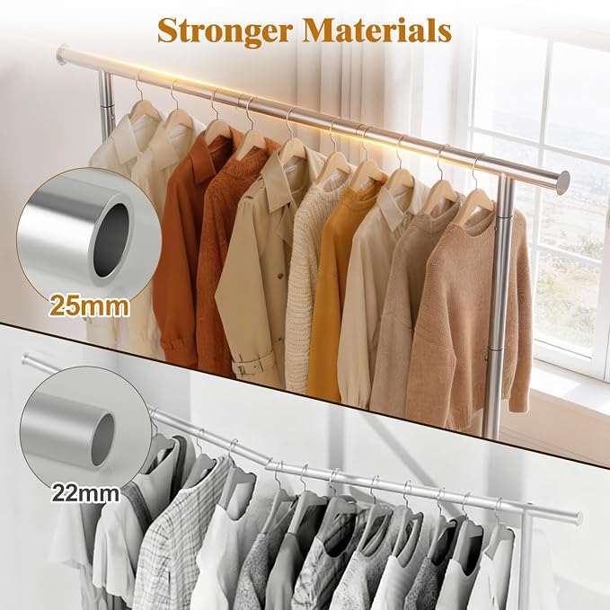 EAGMAK Sturdy Clothing Racks with Shelf, Metal Clothes Rack with Leveling Feet for Hanging Clothes, Freestanding Garment Coat Rack for Bedroom, Apartment & Small Spaces, Silver