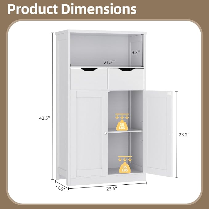 Walsunny Floor Storage Cabinet, Organizer with Doors and Drawers, Freestanding Side Cupboard Pantry with Adjustable Shelf for Bathroom/Living Room, White