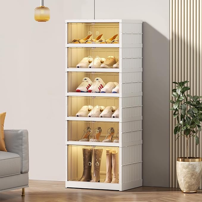 SYNCVIBE Foldable Shoe Rack Organize 6 Tier Plastic Shoe Shelf, 12 Pairs Collapsible Shoes Storage Bins, Large Folding Shoe Boxes for Closet with Doors, Stackable Storage Shoe Cabinet