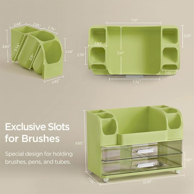HBlife Makeup Organizer for Vanity with Brush Holder, Large Bathroom Countertop Cosmetic Organizer Skincare Storage, Easy to Store Lipsticks, Nail Polishes, Perfumes, Eyeshadow Palettes, Avocado Green