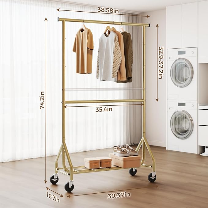 HYSEYY Heavy Duty Clothes Rack, Double Rod Clothing Rack for Hanging Clothes, Rolling Garment Rack, Adjustable Freestanding Wardrobe Closet Coat Rack for Bedroom Laundry Living Room, Gold