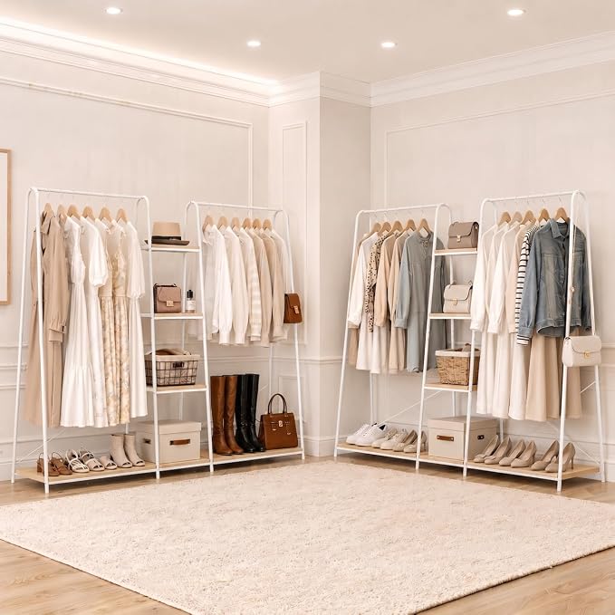 Finnhomy Clothes Rack for Hanging Clothes Freestanding Clothing Rack with 6 Wood Storage Shelves & 2 Rods Heavy Duty Garment Rack Portable Wardrobe Closet Organizer for Bedroom Closet Boutique,White
