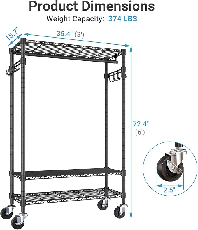 VIPEK R3C Portable Closet for Hanging Clothes Rolling Rack with Cover | Lockable Wheels, Adjustable Wire Shelving Heavy Duty, Metal Side Hooks, Polyester Cover, 374lbs Space-Saving for Small Space