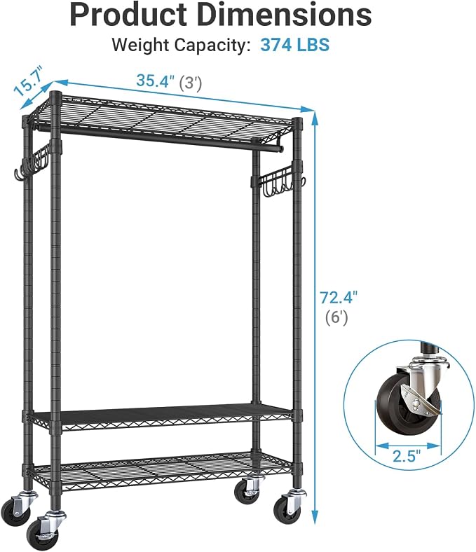 VIPEK R3C Rolling Clothes Rack with Cover Portable Closet Heavy Duty | Lockable Wheels, Adjustable Wire Shelving Heavy Duty, Metal Side Hooks, Polyester Cover, 374lbs Space-Saving for Home