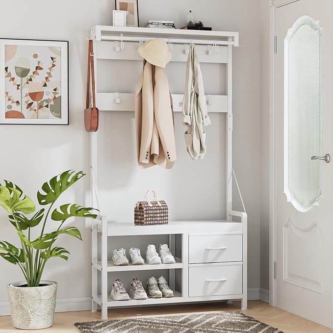 Hall Tree with Bench and Shoe Storage, 31.5” Coat Rack Freestanding | White, 5 in 1 Intelligent Design, 17 Hooks, 2 Drawers, Handy Clothes Rail
