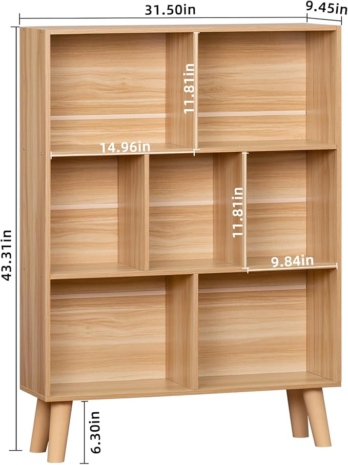 LEYAOYAO Cube Book Shelf, Mid-Century Modern Bookshelf with Legs, Natural | 3 Tier Bookcase, Rustic Wood Bookshelves Freestanding Small Storage Organizer, Open Shelves for Bedroom, Living Room, Office
