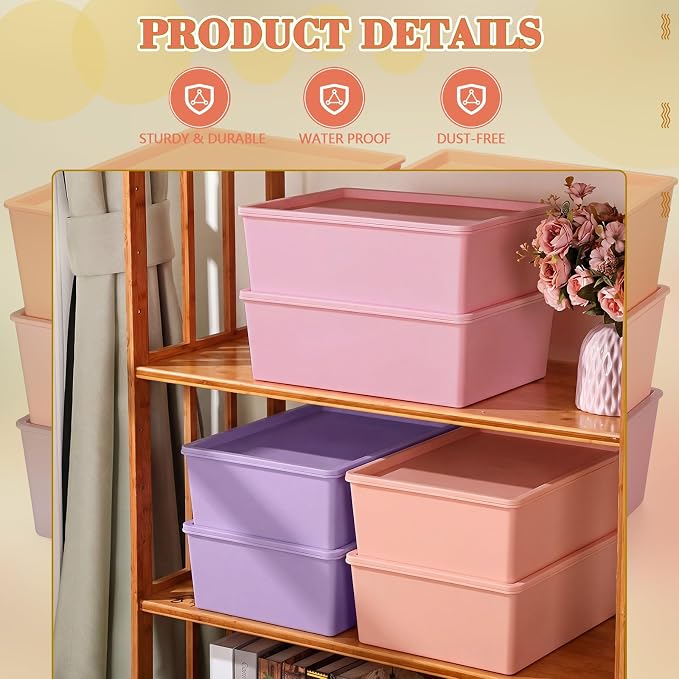 6 Pcs Large Plastic Storage Bins with Lids 14.4 x 10.4 x 5.1 Inch Stackable Storage Containers Decorative Cubby Organizer for Clothes Shelves Garage Closet Office (Pastel)