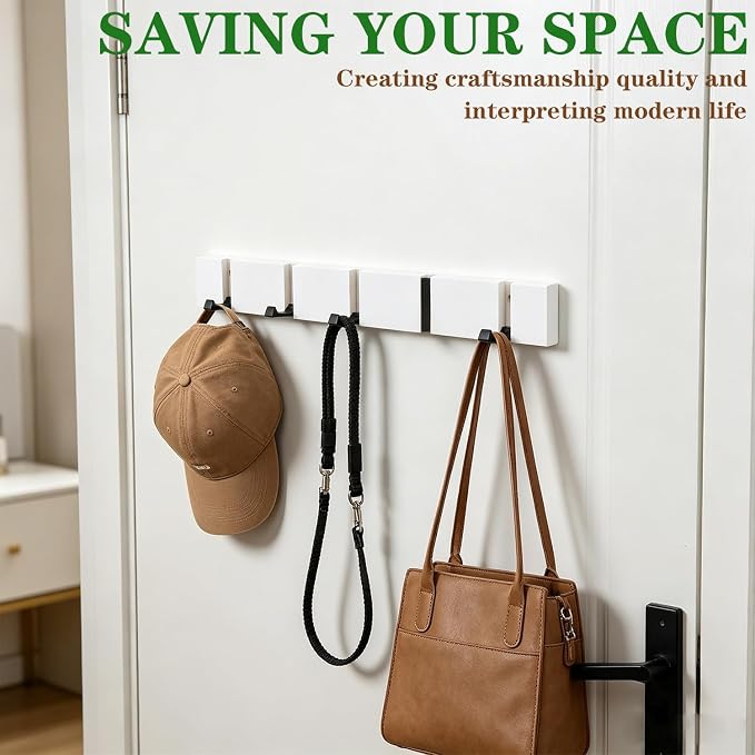 Wall Mounted Coat Rack, Heavy Duty Folding Coat Hooks Wood Retractable Wall Hooks for Hanging Purse Clothes Keys, Towel Hooks Rack for Bathroom Wall Coat Hanger for Entryway (5 Hooks,White)