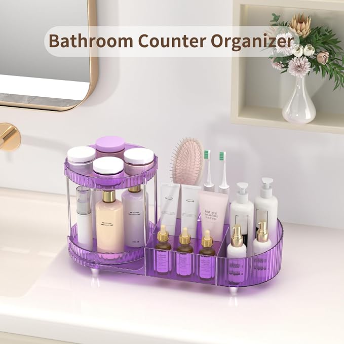 360 Rotating Vanity Makeup Organizer, 2 Small Trays & 5 Compartments for Cosmetics, Skincare, Perfume, Lipstick & Make up Brushes Holder, Purple Countertop Organizers and Storage for Dresser, Bathroom