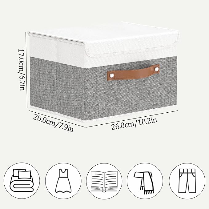 OUTBROS Storage Bins with Lids, White/Grey, 3 Pack 10.2 x 7.9 x 6.7in | Collapsible Storage Boxes, Cotton and linen cloth Storage Baskets with Handle, for Books, Closet