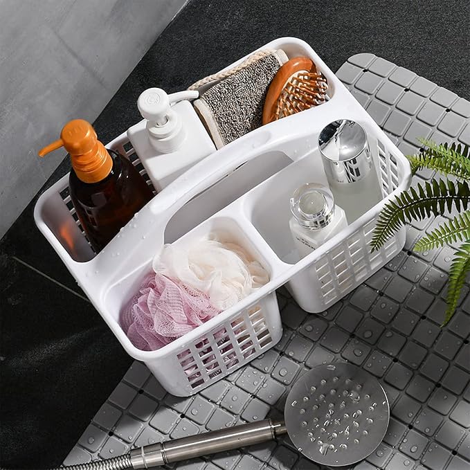 Portable Shower Caddy Basket Plastic Storage Basket with Compartments White | Sturdy Large Capacity Cleaning Supplies Organizer Divided Tool Bin for Bathroom Kitchen Bedroom College Dorm Essentials