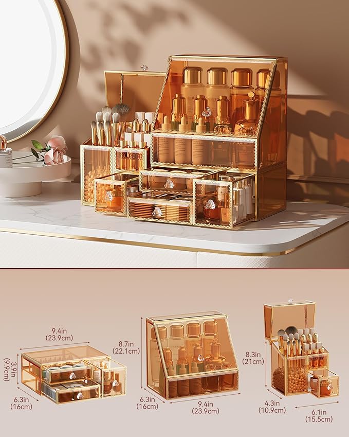 CoralHouse Glass Makeup Organizer with Brush Holder for Vanity | Amber Skincare Organizer for Vanity, Stackable, Large Capacity, for Makeup Lipstick Perfumes Brush Skincare