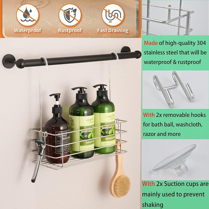 1-Tier Shower Caddy Hanging Shower Organizer Rack with Hook Over Door 2-PK