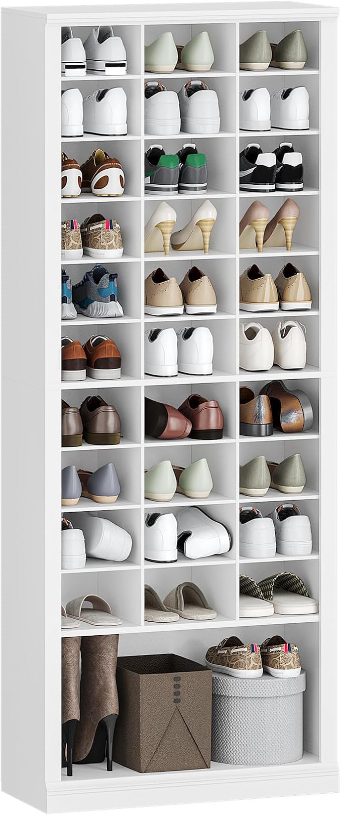 Hzuaneri 11 Tiers Shoe Storage Cabinet, Tall Shoes Cabinet with Cubby | Freestanding Wooden Shoe Organizer, 30-33 Pairs, Shoes Cubby Organizer for Entryway, Bedroom, White SR39303X
