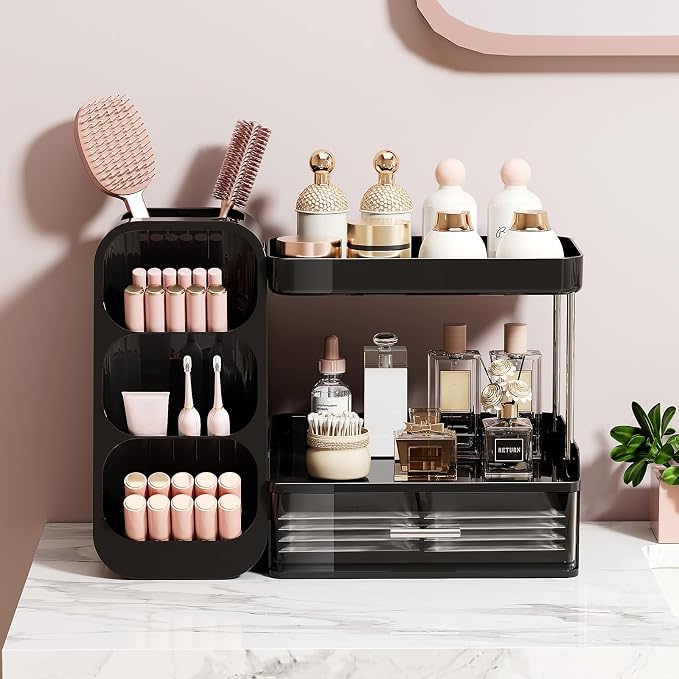 UFORU Makeup Organizer Countertop with Brush Holder for Vanity Bathroom | 3 Tiers Design, Large Capacity, Thickened Plastic, Detachable Brush Holder, Clear Drawer, Quick Access, Space-Saving
