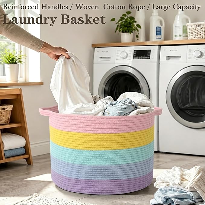 115L Large Blanket Basket,Rope Woven Laundry Basket-Colorful | Collapsible, reinforced handles, nursery storage bin organizes clothes, toys and pillows for living room, bedroom bathroom