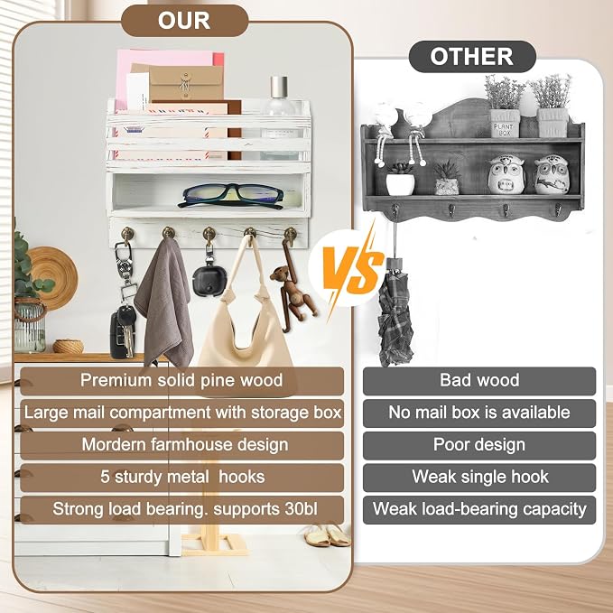 Key Holder Wall Mount with Mail Organizer, 5 Key Hooks, White | Wood Mail Organizer Wall Mounted with 5 Key Hooks & Storage Box and Mail Organizer for Entryway, Apartment, Home and Office