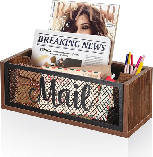 Mail Organizer Mail Holder with 2 Slots | Wooden Mail Basket Mail Sorter for Wall Table Countertop | Bill Envelope Letter Holder for Home Office