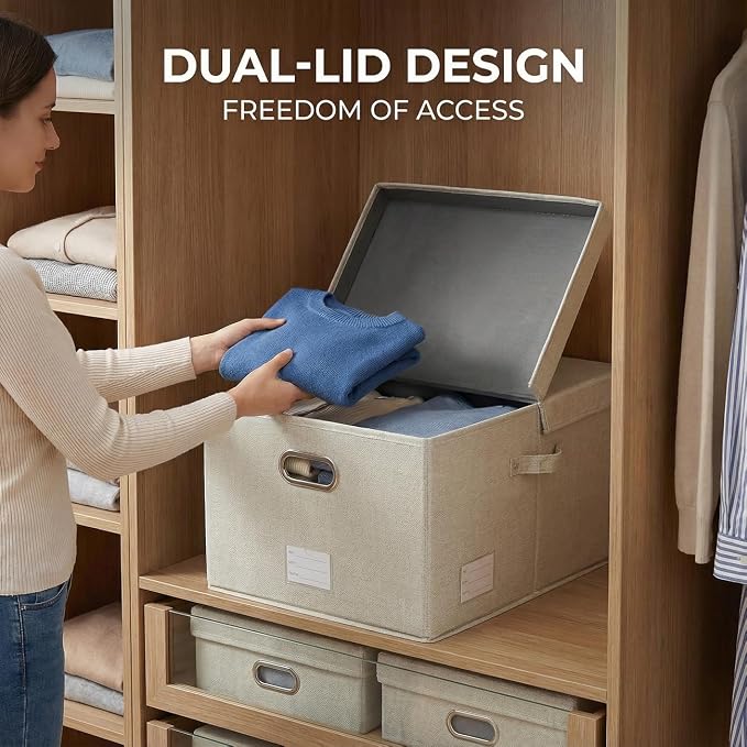 PRANDOM Storage Bins with Lids [3-Pack] Linen Fabric Foldable Storage Boxes Organizer Containers Baskets Cube with Cover for Bedroom Closet Office Beige (23.4X15.9X11.4)