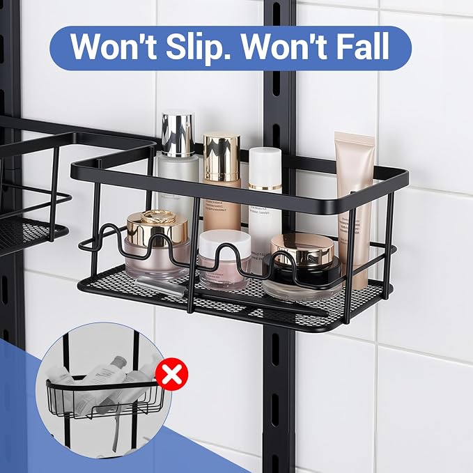 Extra Large Shower Caddy Hanging, Rust-Resistant Shower Organizer Hanging, 3 Tier Height-Adjustable Over the Head Caddy, Rack with Soap Basket (Black)