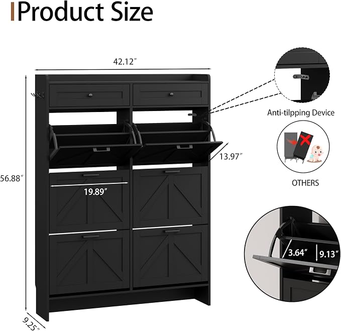 Shoe Cabinet with 6 Flip Drawers & 2 Top Drawers, 57" Tall Freestanding Narrow Wooden Shoe Storage Organizer for Entryway, Hidden Slim Shoe Rack for Front Door Entrance, Hallway, Living Room, Black