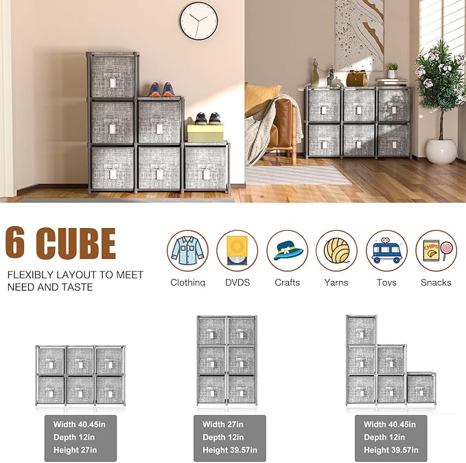 Cube Storage Organizer Shelf + 6 Bins + Labels | Adjustable Modular Cubby Organizer, Beautiful Printed Storage Shelf, Large Capacity, Living Room, Dorm, Yarn