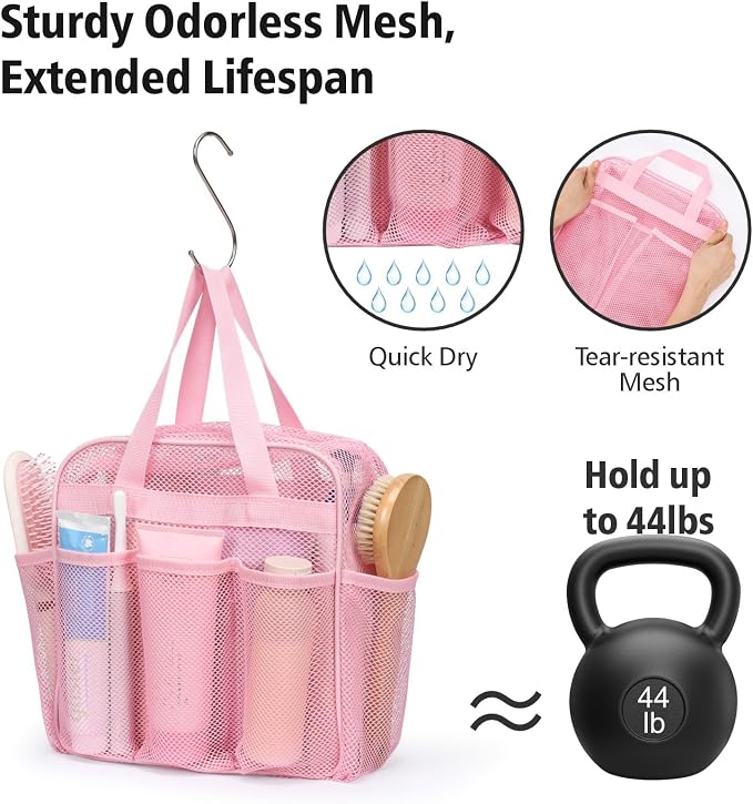 Mesh Shower Caddy Portable with Zipper - 2-Handle Shower Bag for Dorm | 8 Deep Pockets, S-Hook, Quick-Dry Mesh, College Dorm Room Essentials for Girls, Camping, Gym, Travel & Bathroom, Pink