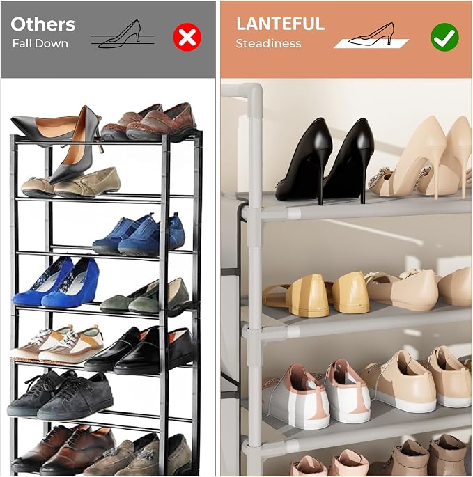 LANTEFUL 6 Tier Shoe Rack Storage for 24-30 Pairs Shoe and Boot, Shoe Organizer with Hook and Side Pocket Free Standing Long Shoe Shelf Tall Shoe Rack Organizer for Closet, Entryway, Dorm, Grey