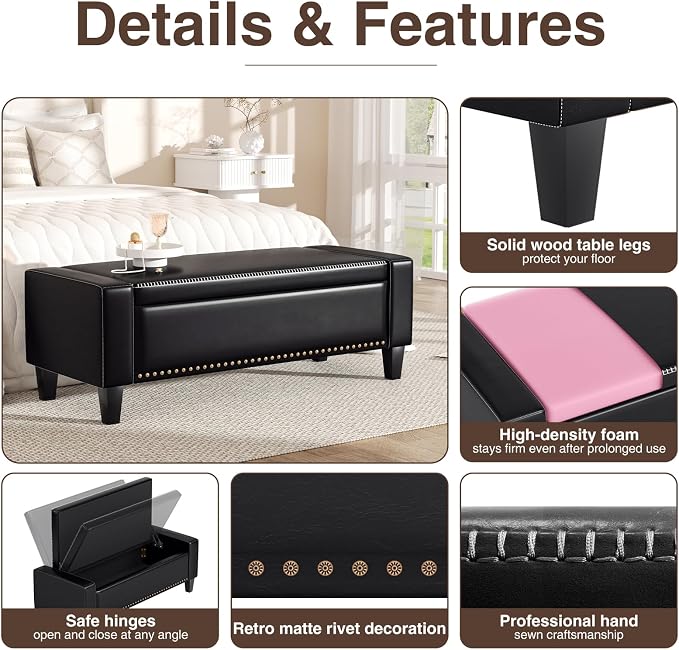 AKMAKM 49''W Storage Ottoman Bench, 30 Gallons End of Bed Bench, Faux Leather, Mid Century Modern, Upholstered Bench with Storage and Seat for Entryway, Living Room, Holds up to 350 lb, Black