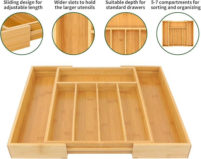 VaeFae Bamboo Drawer Organizer, Medium, Natural | Kitchen Utensil Holder, Multi-Function Drawer Storage，38 cm D x 29.2-45.7 cm W, 5-7 Slots, Natural
