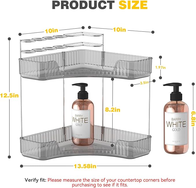 Asayuee 2-Tier Corner Bathroom Counter Organizer with Top Toothbrush Holders,Large Makeup Organizer Countertop with Brush Holder,Skincare Organizers Corner,Exquisite Vanity Organizer (Gray, 2 Tier)