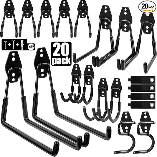 Heavy Duty Garage Hooks Storage, Anti-Slip Steel Wall Mount Multi-Size Utility Hangers Organizer for Ladders, Bikes, Garden Tools, Hose with 32 Screws Hardware Kit (Black, 20 Pack)
