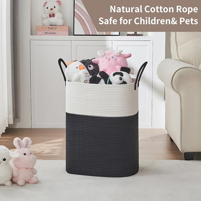 AINUOQI Laundry Basket with Handles - Blanket Basket & Hampers for Bedroom Aesthetic, Laundry Hamper & Blanket Storage for Living Room, Clothes Hamper, Tall, Large 17" x 14" x 25”, White & Black
