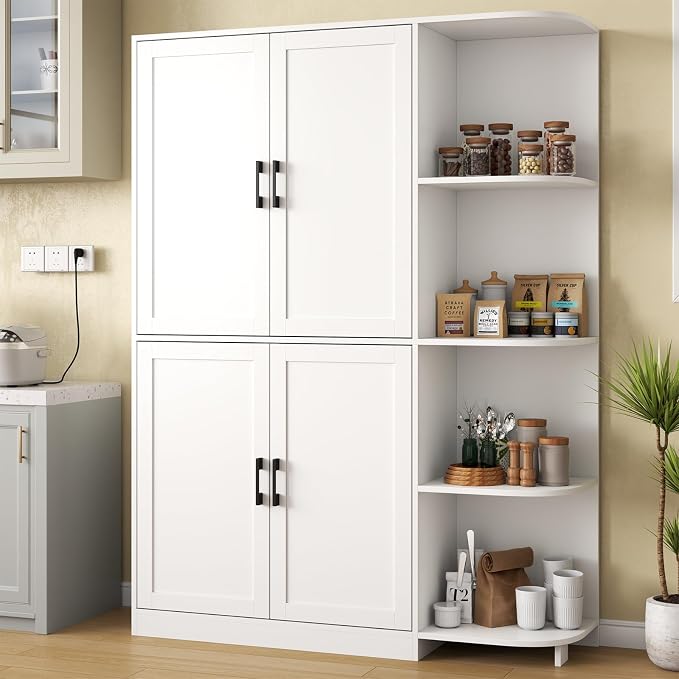 Kitchen Pantry Storage Cabinet, 64" Tall Freestanding Cupboard with Doors & Adjustable Shelves, Food Pantry Cabinet with 5-Tier External Shelf for Dining Room (White)