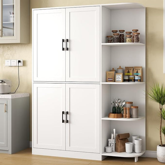 Kitchen Pantry Storage Cabinet, 64" Tall Freestanding Cupboard with Doors & Adjustable Shelves, Food Pantry Cabinet with 5-Tier External Shelf for Dining Room (White)